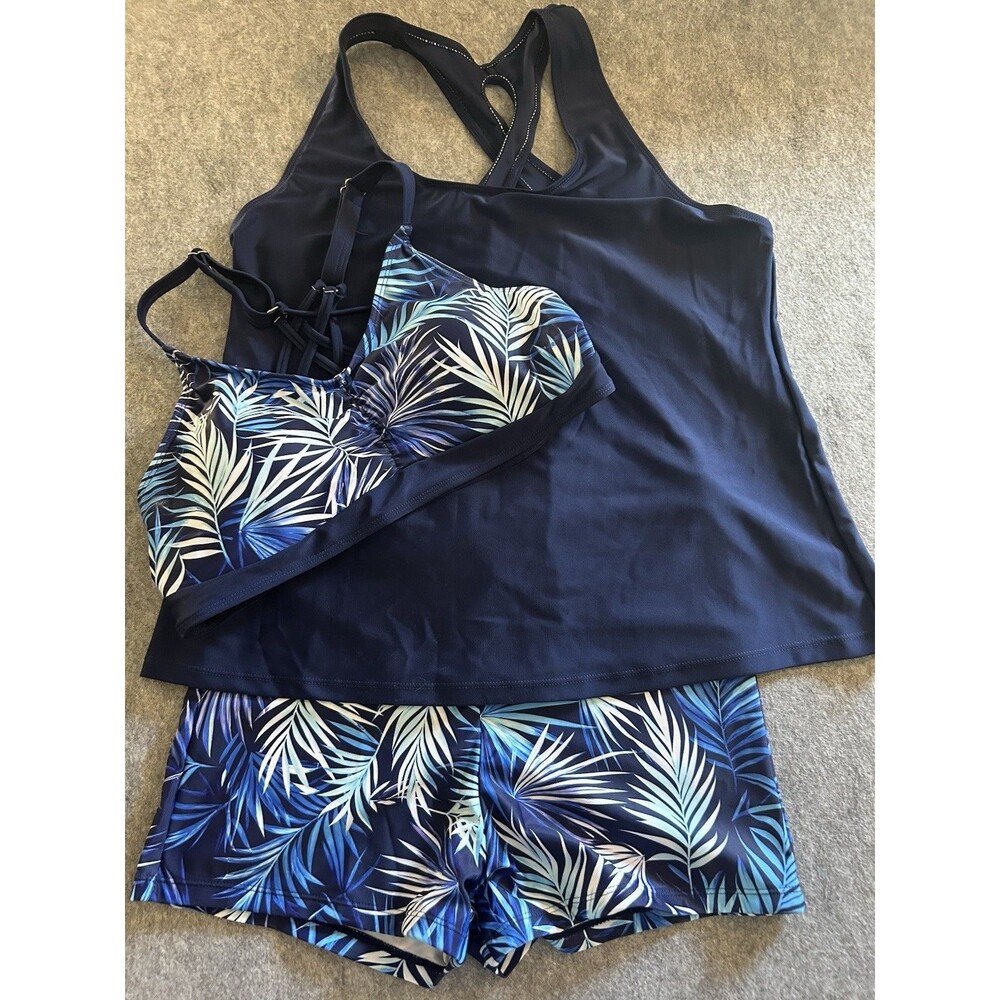 Blue Tropical Leaf Tankini 3 Piece Set w/ Swim Shorts M, Swim Beach Pool Vacay